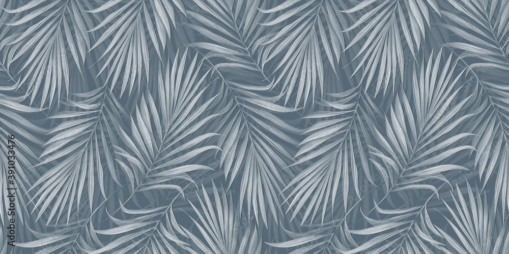 Tropical exotic seamless pattern with palm leaves. Hand-drawn vintage illustration, background and texture. Good for production wallpapers, cloth, fabric printing, goods. - obrazy, fototapety, plakaty 