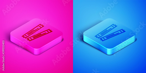 Isometric line Sugar stick packets icon isolated on pink and blue background. Blank individual package for bulk food products as coffee, salt, spices. Square button. Vector.
