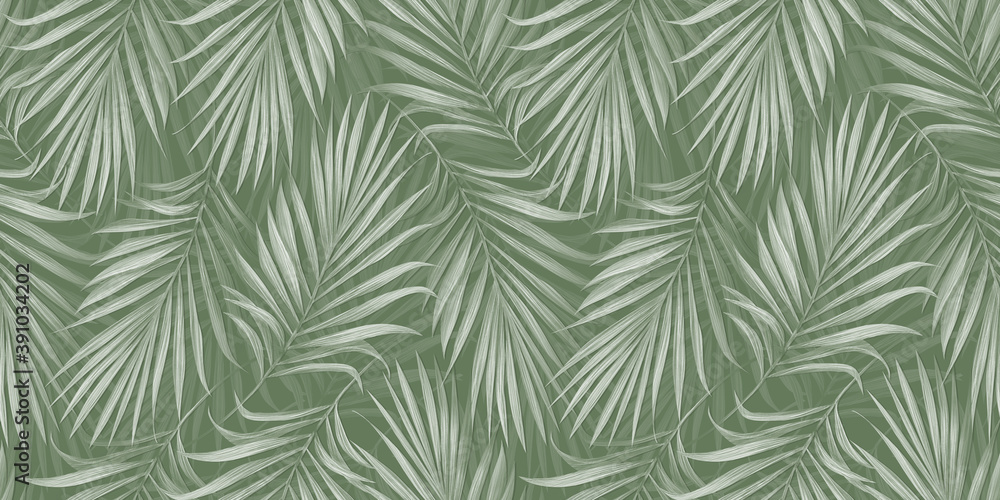Tropical exotic seamless pattern with bright palm leaves on green background. Hand-drawn vintage illustration and texture. Good for production wallpapers, gift paper, cloth, fabric printing, goods.