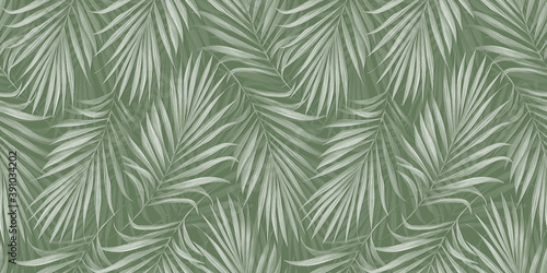Tropical exotic seamless pattern with bright palm leaves on green background. Hand-drawn vintage illustration and texture. Good for production wallpapers, gift paper, cloth, fabric printing, goods. © alenarbuz