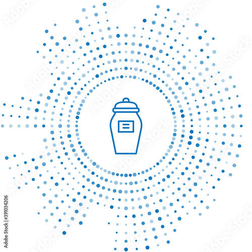 Blue line Funeral urn icon isolated on white background. Cremation and burial containers, columbarium vases, jars and pots with ashes. Abstract circle random dots. Vector.