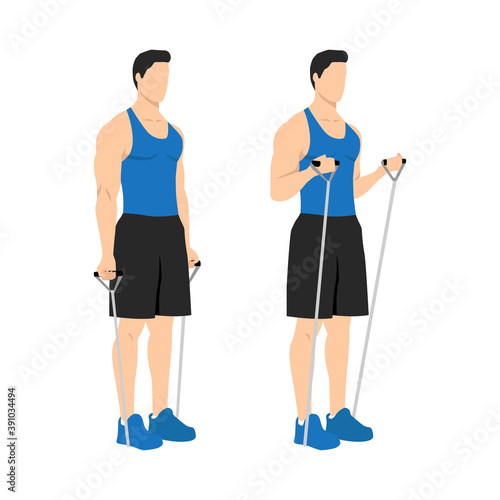 Man doing Resistance band bicep curls exercise. Arm workout. Flat vector illustration of a fitness man isolated on white background