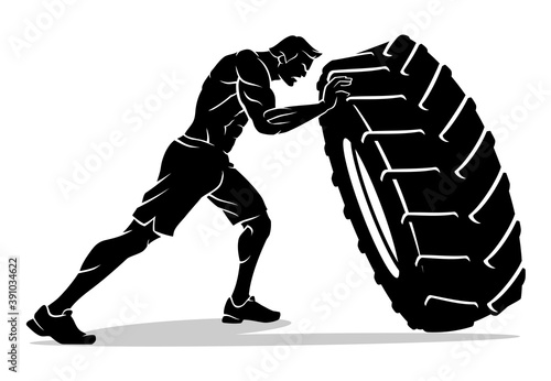 Tire Flip Gym Exercise, Male Silhouette