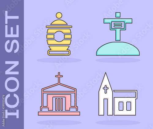 Set Church building, Funeral urn, Old crypt and Grave with cross icon. Vector.