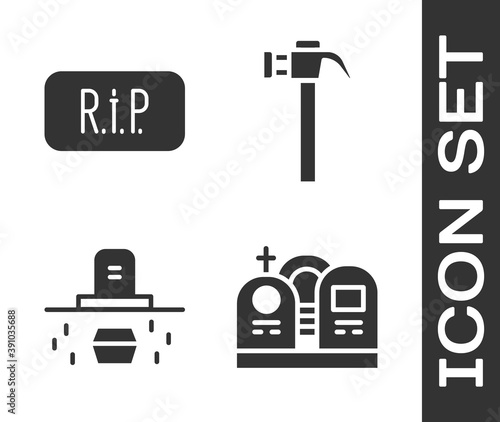 Set Grave with tombstone, Speech bubble rip death, Grave with coffin and Hammer icon. Vector.