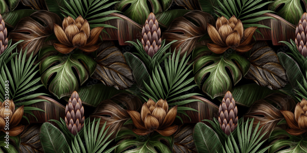 Tropical exotic seamless pattern with flower, protea, monstera, banana leaves, palm, colocasia. Hand-drawn 3D illustration. Good for luxury wallpapers, cloth, fabric printing, goods.