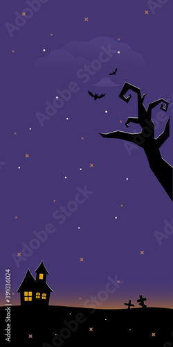 Halloween scary graveyard background with trees  crosses and bats. Halloween. Silhouette of a tombstone. Printed labels and decorations for office  crafts  template. Vector