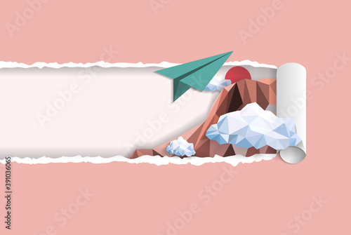 abstract paper plane flying above iceberg cloud sunrise sky with torn paper cut background, can use for template ,insert text to space, low polygon design, vector art illustration.