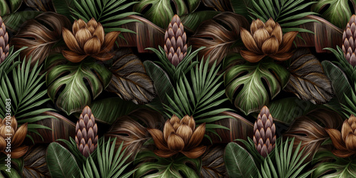 Tropical exotic seamless pattern with flower, protea, monstera, banana leaves, palm, colocasia. Hand-drawn 3D illustration. Good for luxury wallpapers, cloth, fabric printing, goods. © alenarbuz