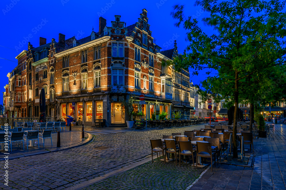 Old square in Ghent (Gent), Belgium. Architecture and landmark of Ghent. Night cityscape of Ghent.