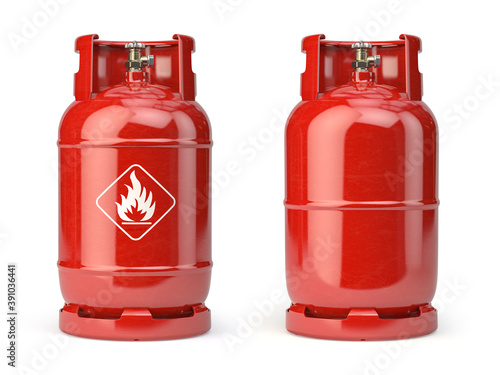 Foto Gas bottle, cylinder or container with natural gases LNG or LPG with high pressure isolated on white background