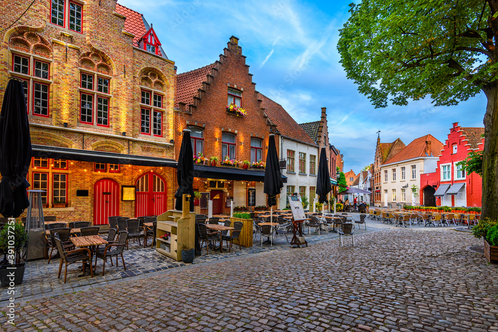 Naklejka premium Old street of the historic city center of Bruges (Brugge), West Flanders province, Belgium. Cityscape of Bruges.
