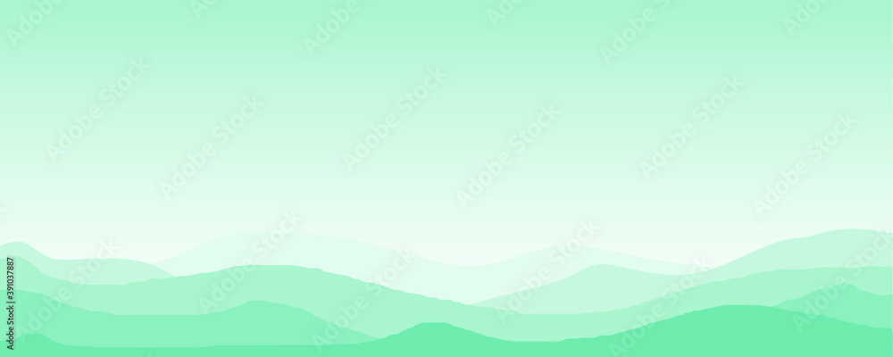 Vector illustration of beautiful panoramic view. Mountains in fog with forest, morning mountain background, landscape.