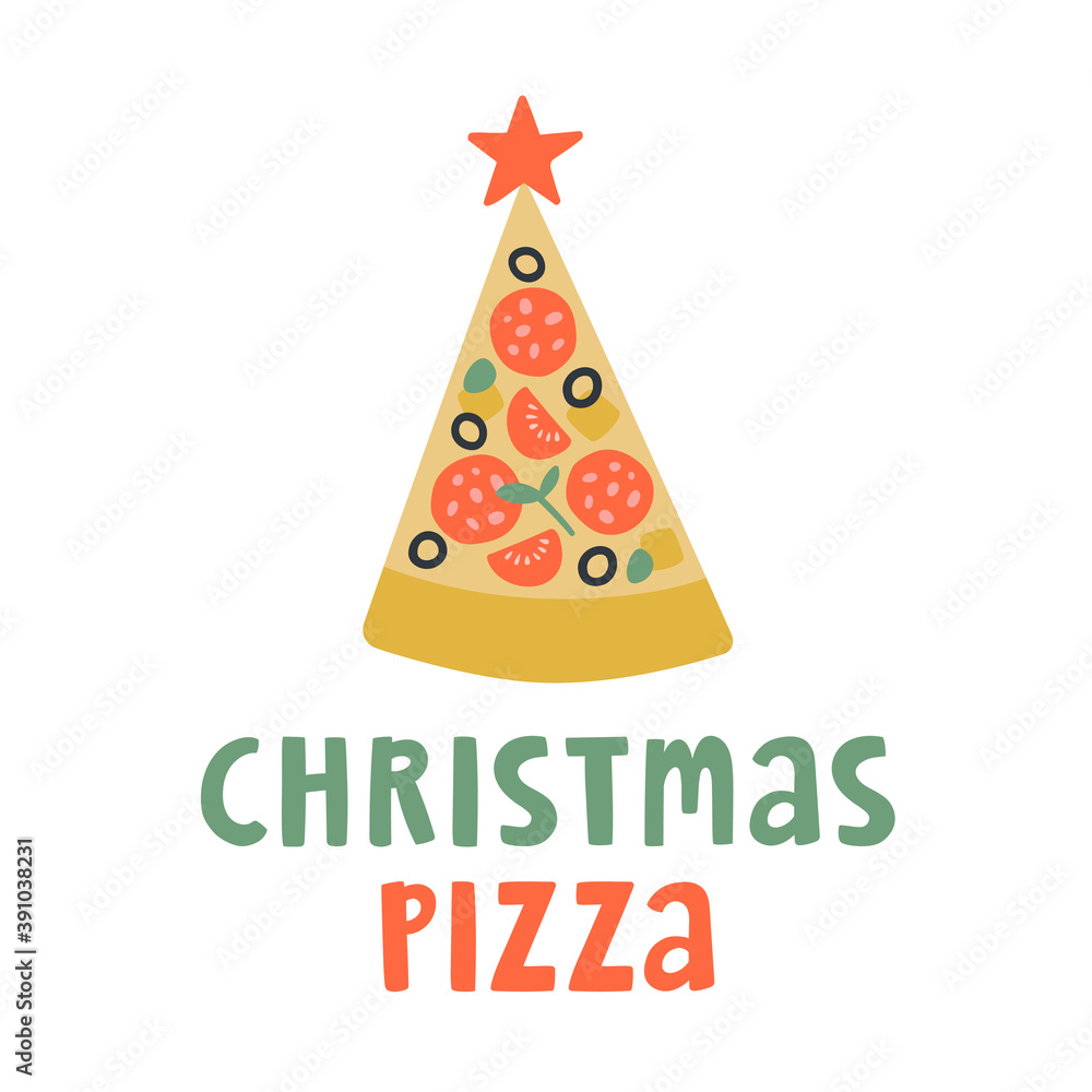 Fototapeta Cute doodle illustration of pizza slice like a christmas tree with red star on top. Holiday concept with text lettering 