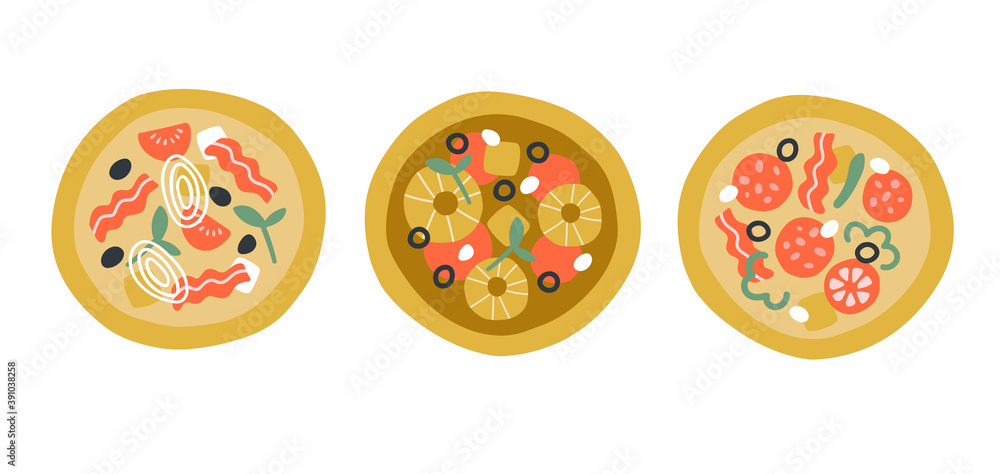 Cute doodle vector illustration with different pizzas. Italian tasty traditional food. Meat, pepperoni, pineapple, sausage, onion, tomato, olive, cheese, mozzarella. For menu, pizzeria, promo, poster Cute doodle vector illustration with different pizzas. Italian tasty traditional food. Meat, pepperoni, pineapple, sausage, onion, tomato, olive, cheese, mozzarella. For menu, pizzeria, promo, poster