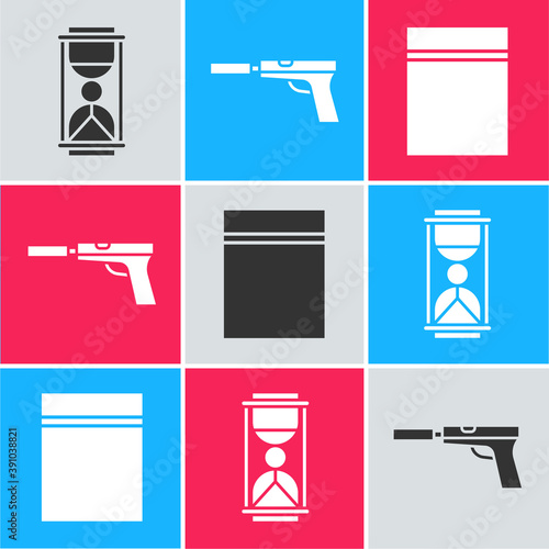 Set Old hourglass with sand, Pistol or gun with silencer and Plastic bag with ziplock icon. Vector.