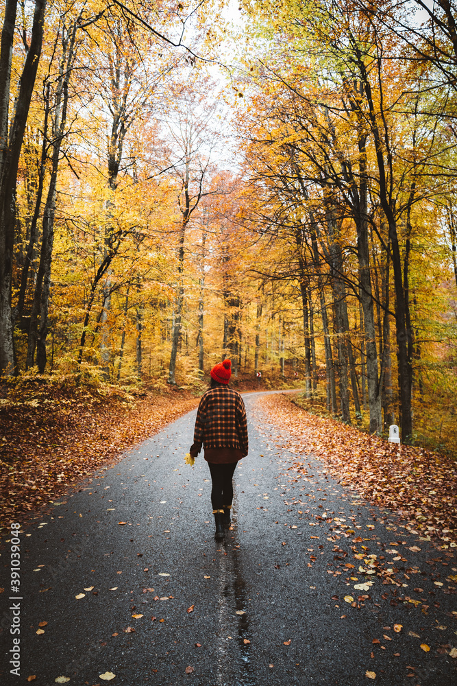 Φωτογραφία Back view of young woman standing on the road and watching nature on autumn season