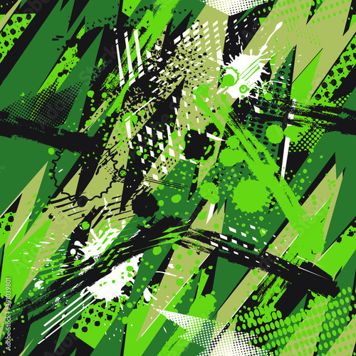 Abstract seamless geometric haotic pattern with scuffed, drops, sprays.  background for vinyl wrap and decal. Grunge urban repeated backdrop for textile, sport wear, print.