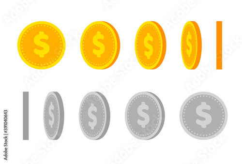 Gold coin animation for game and apps. Vector golden coins in different shapes or position. Illustration of money turn around.