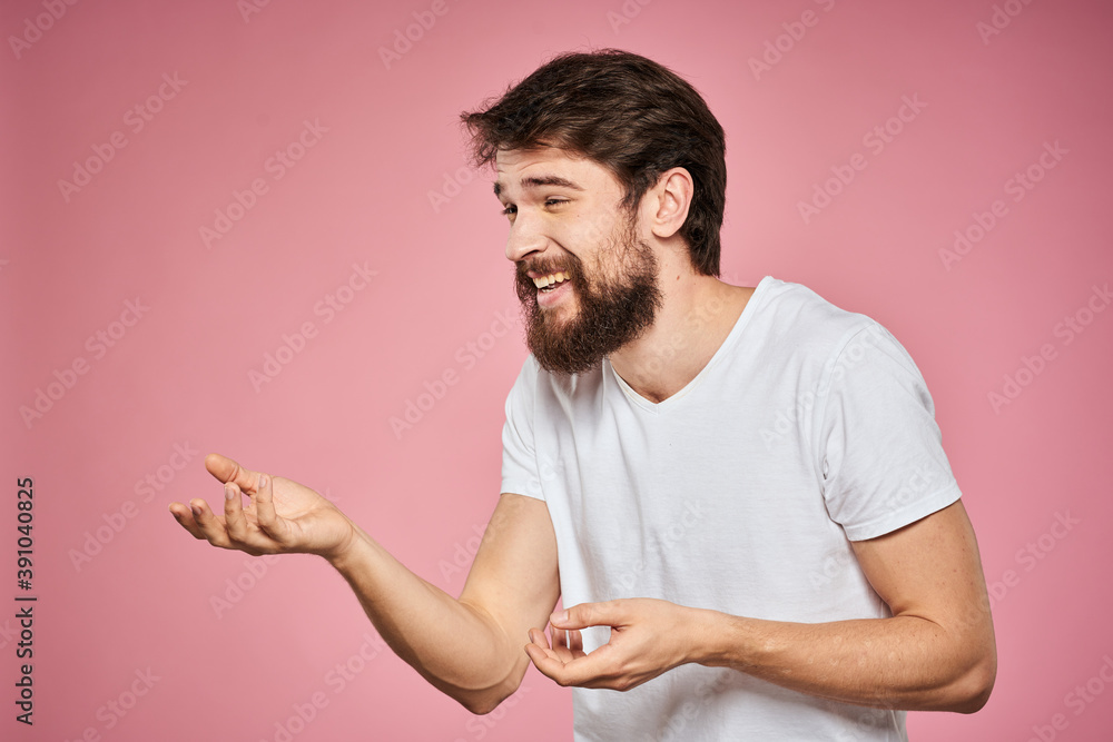 cheerful bearded man white t-shirt emotions cropped view pink background cheerful bearded man white t-shirt emotions cropped view pink background