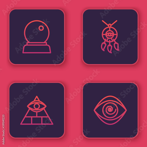 Set line Magic ball, Masons, Dream catcher with feathers and Hypnosis. Blue square button. Vector.