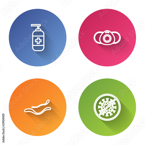 Set line Bottle of liquid antibacterial soap, Medical protective mask, Ebola virus disease and Stop. Color circle button. Vector.