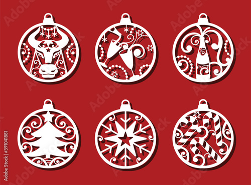 Bull inside Christmas ball. Symbol of 2021 for laser cutting.. Set of New Year decorations. Vecor illustration