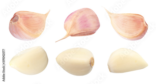 Set of fresh garlic cloves on white background. Banner design