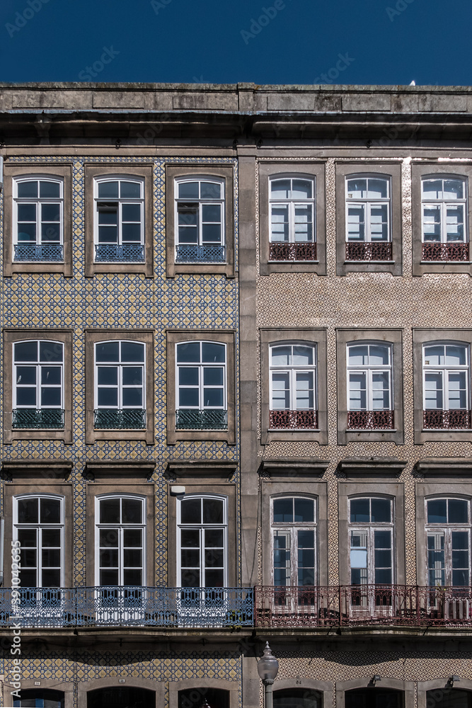 Fragments of traditional Portuguese architecture of old buildings in Porto old town, Portugal.