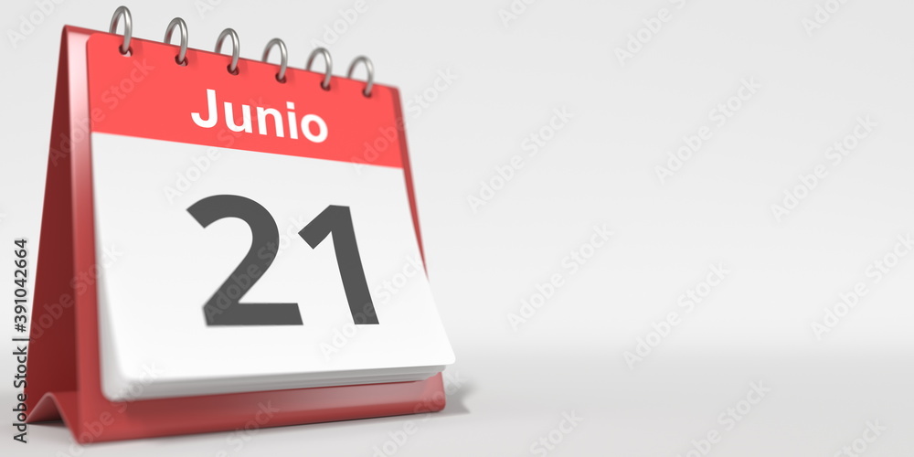 June 21 date written in Spanish on the flip calendar, 3d rendering June 21 date written in Spanish on the flip calendar, 3d rendering