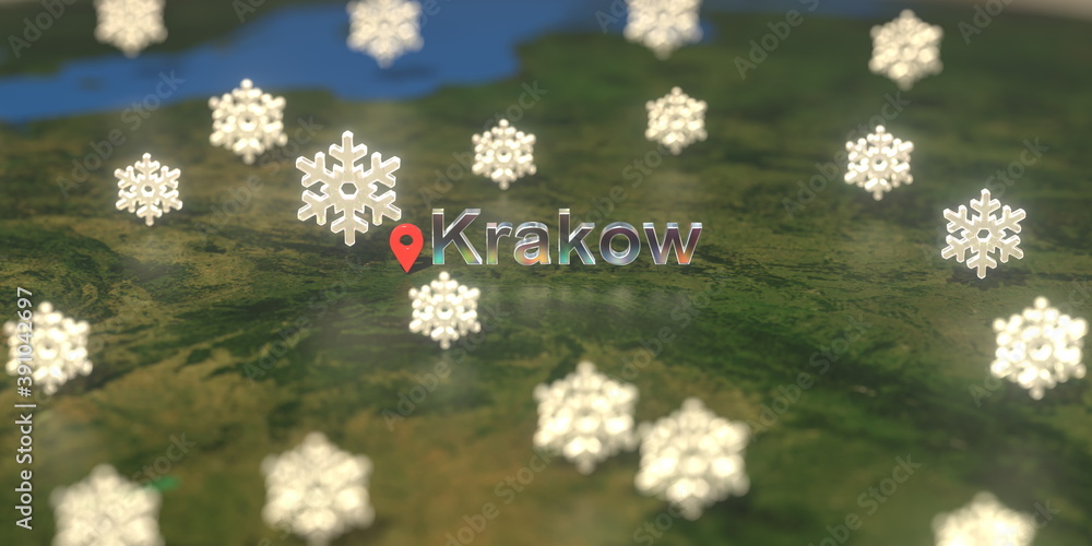 Snowy weather icons near Krakow city on the map, weather forecast related 3D rendering