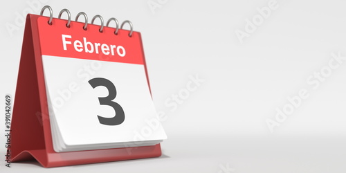 February 3 date written in Spanish on the flip calendar, 3d rendering