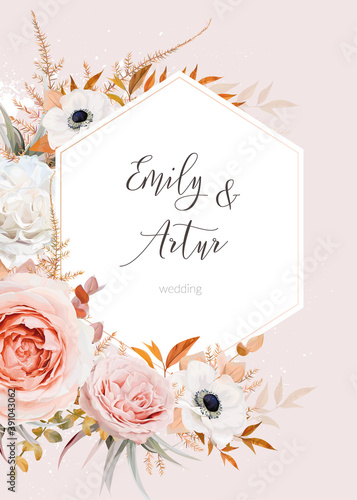 Elegant vector wedding invite, invitation save the date card design. Bouquet of blush peach, pink rose flowers, white anemone, lush fall eucalyptus, golden fern leaves with hexagonal geometrical frame