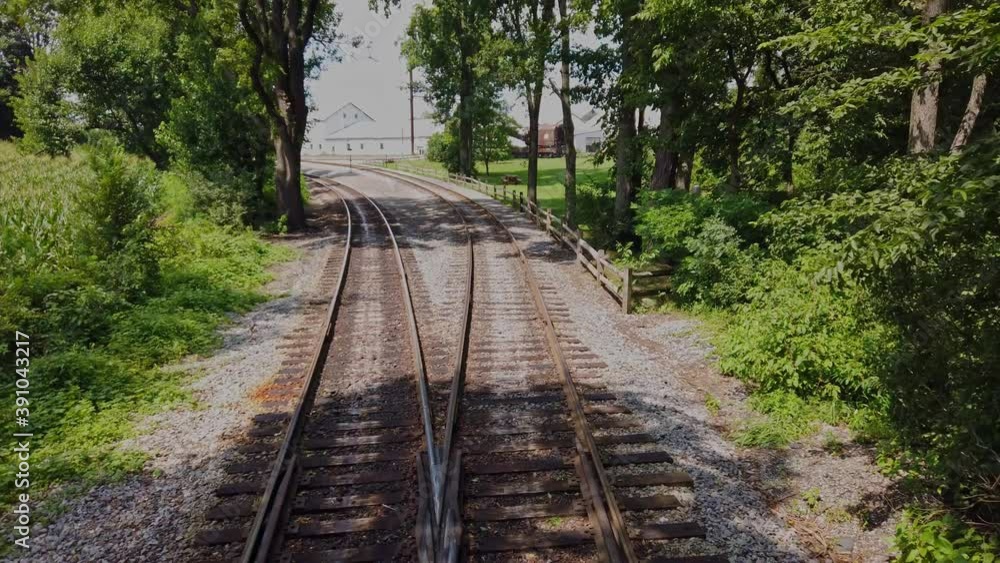 View From the Back of a Train as it Travels along Multiple Tracks Thru Countryside on a Sunny Summer Day
View From the Back of a Train as it Travels along Multiple Tracks Thru Countryside on a Sunny Summer Day
