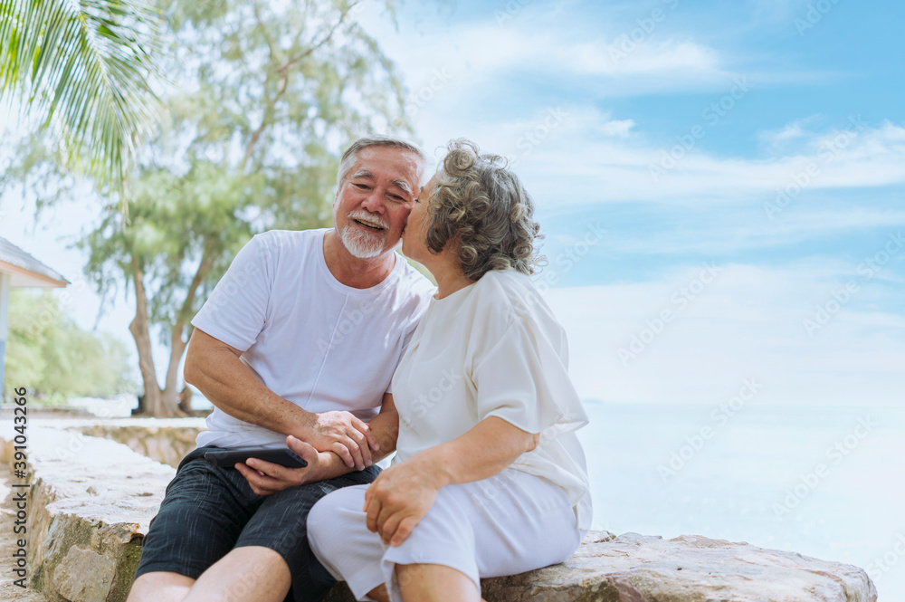 Fototapeta premium Happy asian senior retired couple, relax smiling elder man and woman enjoying with retired vacation at sea beach outdoor. Health care, Family outdoor lifestyle