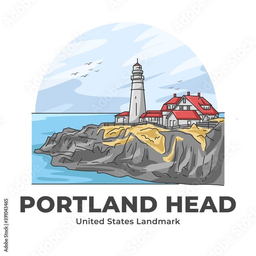 Portland Head Lighthouse United States Landmark Minimalist Cartoon Illustration