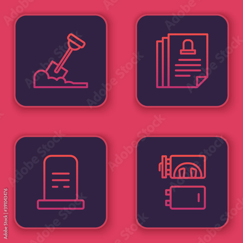 Set line Shovel in the ground, Grave with tombstone, Death certificate and Crematorium. Blue square button. Vector.