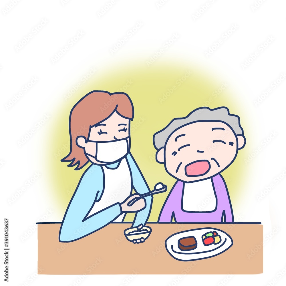 高齢者に食事の介助をしている女性（マスク、黄色背景あり）