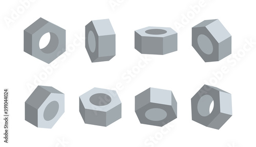 3D nut in various angles vector. Nuts top view, side view, half turn.