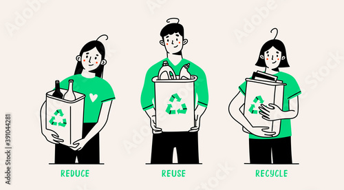 People are holding various rubbish in containers, trash bins or dumpsters. Cute funny characters. Sorting, Recycling, zero waste, care about the environment concept. Hand drawn Vector illustration