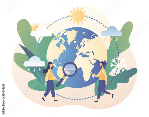 World Meteorological day. Meteorology science. Tiny people meteorologists studying and researching weather and climate condition. Modern flat cartoon style. Vector illustration on white background