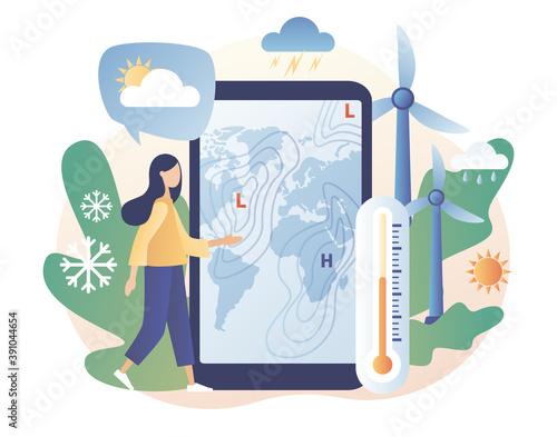 World Meteorological day. Meteorology science. Tiny woman meteorologist studying and researching weather and climate condition with smartphone app. Modern flat cartoon style. Vector illustration photo