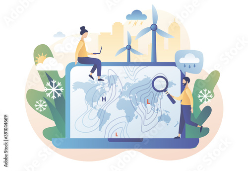 World Meteorological day. Meteorology science. Tiny people meteorologist studying and researching weather and climate condition online on laptop. Modern flat cartoon style. Vector illustration