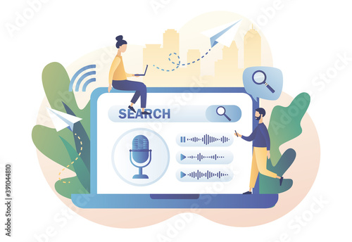 Voice assistant concept. Tiny people use voice controlled, search, activated digital assistants, voice identification on laptop. Modern flat cartoon style. Vector illustration on white background