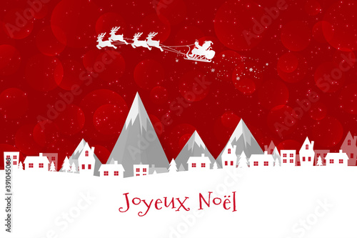 carte ou bandeau sur Joyeux Noël en rouge avec un village des montagnes et le traineau du père noël en rouge blanc et gris