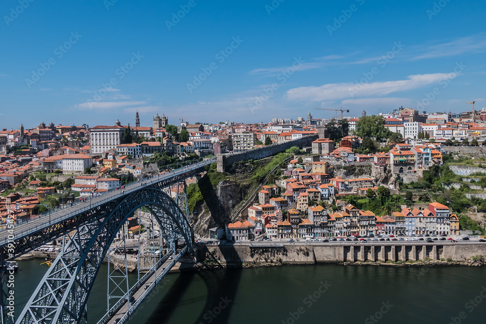 Overview of Old Town of Porto with traditional multicolor houses. Porto, Portugal.