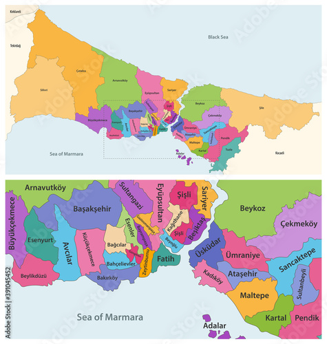Vector close up detailed map of districts of Istanbul province photo