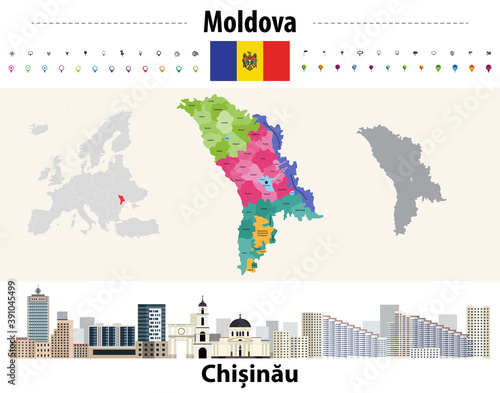 Moldova administrative divisions map. Flag of Moldova. Kishinev cityscape. Vector illustration