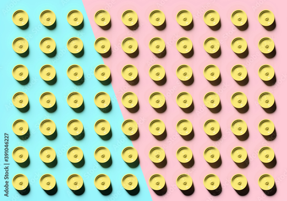 Abstract colorful mock up scene with yellow cylinders on cyan and pink background; many rows of round pills on two-tone backdrop; top view; 3d rendering, 3d illustration Abstract colorful mock up scene with yellow cylinders on cyan and pink background; many rows of round pills on two-tone backdrop; top view; 3d rendering, 3d illustration