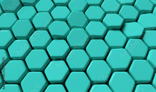 Abstract green hexagon background; colorful honeycomb pattern; close up of hex geometric structure; perspective view; 3d rendering, 3d illustration 